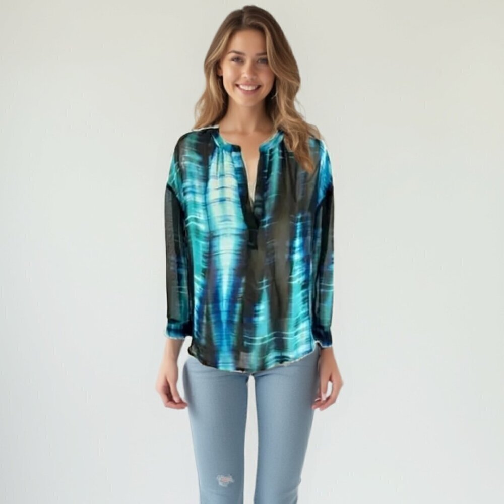 Vince Camuto Two Sheer Tie Dye Blouse XS | Blue Teal Boho V-Neck Top